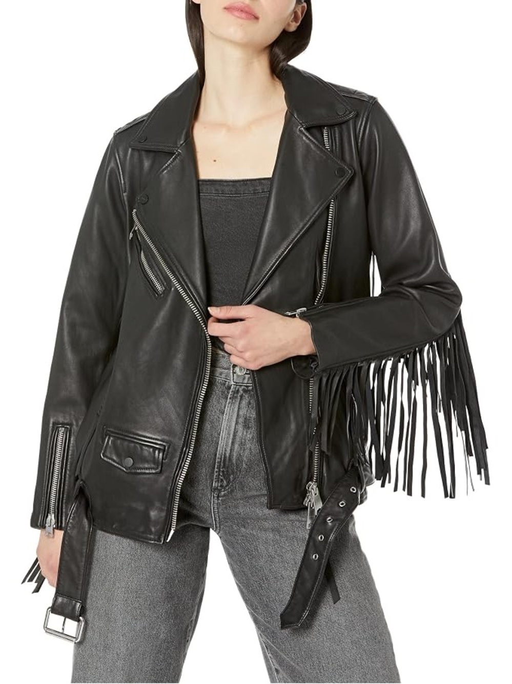All Saints Billie Fringe Leather Biker Jacket